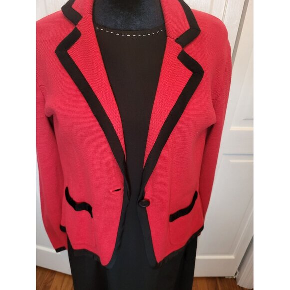 Red Sweater Knit Blazer Black Trim Pockets L Christmas Festive Party Office - Picture 8 of 9